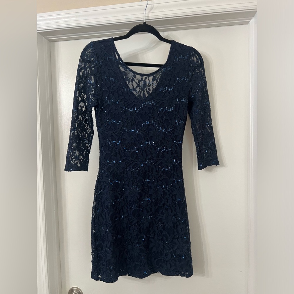 Chelsea and violet navy blue dress with lace and blue sequins size small